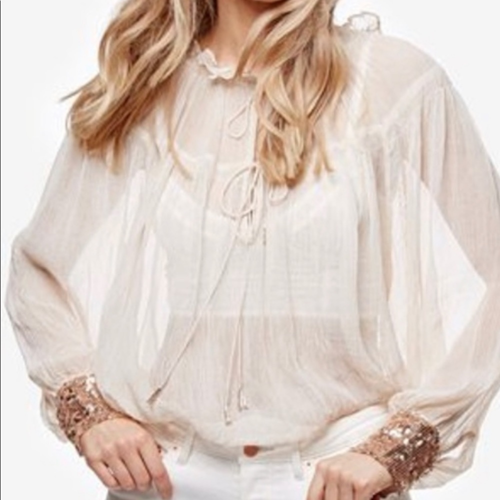 Free People sheer blouse w/ rose gold sequin cuffs